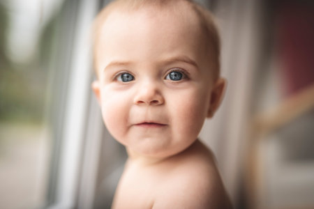 8 months old baby crawling on the floor at home.の写真素材