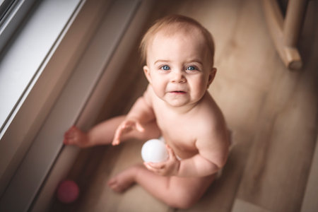 8 months old baby on the floor at home.