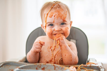 Little baby eating her dinner and making a messの写真素材