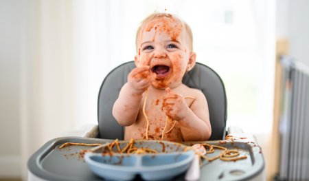Little baby eating her dinner and making a messの写真素材