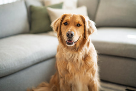 Portrait of happy healthy dog indoors in living room at home. Cute golden retrieverの写真素材