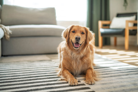Portrait of happy healthy dog indoors in living room at home. Cute golden retrieverの写真素材