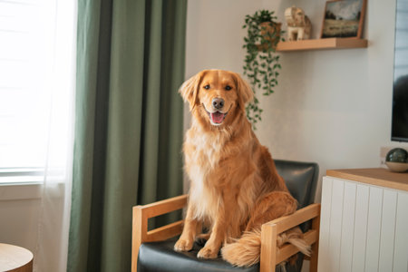 Portrait of happy healthy dog indoors in living room at home. Cute golden retrieverの写真素材