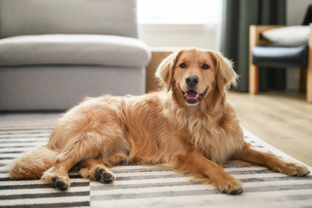 Portrait of happy healthy dog indoors in living room at home. Cute golden retrieverの写真素材