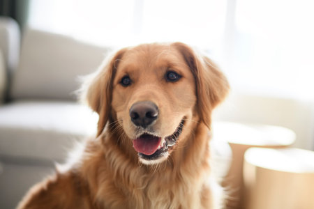Portrait of happy healthy dog indoors in living room at home. Cute golden retrieverの写真素材