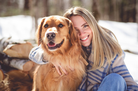 Portrait of a young woman outside on spring season with golden retriever dogの写真素材