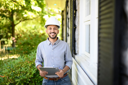 Islamic man with hard hat house inspector