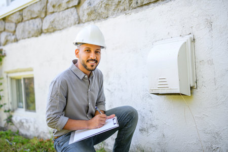 Man with hard hat house inspector dryer