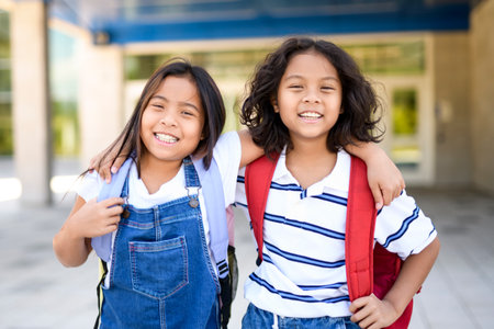Happy two high school student outside on summer seasonの写真素材