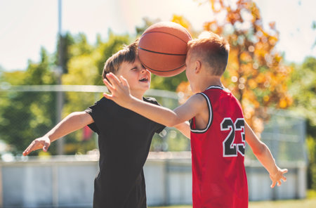 two brother in sportswear playing basketball game outsideの写真素材