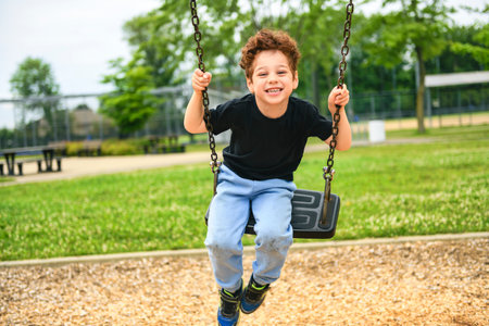 Happy 5 years old boy on a swing. Happy kid on playgroundの写真素材