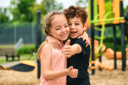 Happy kids on playground in summer seasonの写真素材