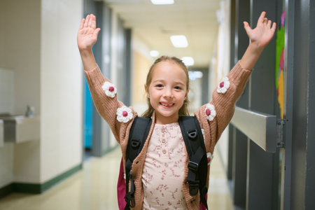 Adorable five year old girl ready for first day of schoolの写真素材