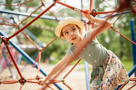 Girl play outdoors playground, games with exercise of motor development