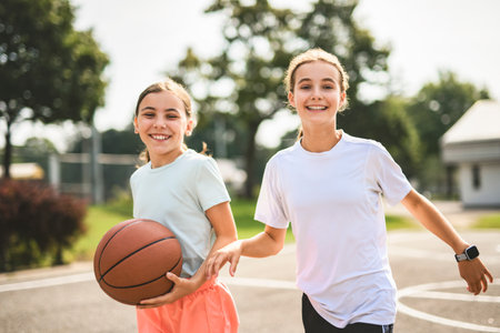 two childs girls in sportswear playing basketball gameの写真素材
