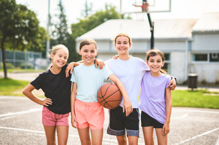 Childs girls Team in sportswear playing basketball gameの写真素材