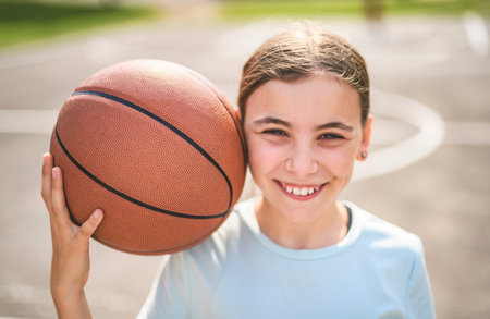 girl child in sportswear playing basketball gameの写真素材