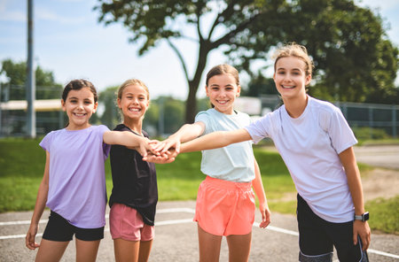 Childs girls Team in sportswear playing basketball game