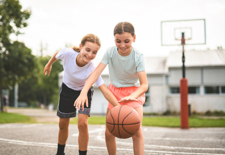 two childs girls in sportswear playing basketball game