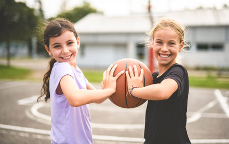 two childs girls in sportswear playing basketball gameの写真素材
