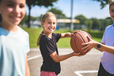 Childs girls Team in sportswear playing basketball gameの写真素材