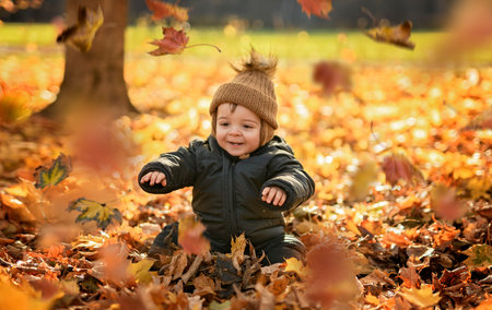 baby boy having fun on Autumn Forestの写真素材