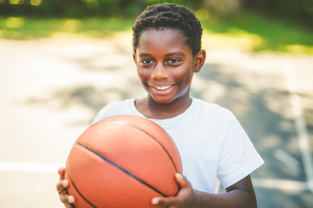 portrait of a boy kid playing with a basketball in parkの写真素材