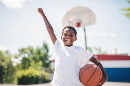 portrait of a boy kid playing with a basketball in park