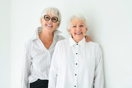 Portrait of two elderly woman over grey background.の写真素材
