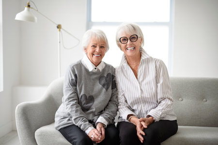 Portrait of two elderly woman over grey background.の写真素材