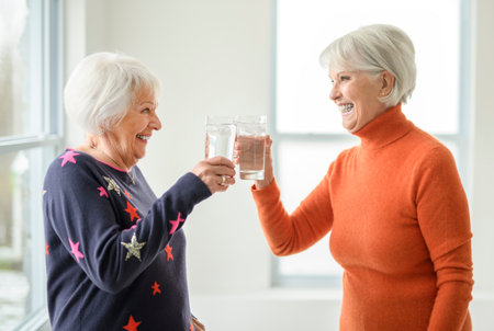 Portrait of two elderly women over grey background.