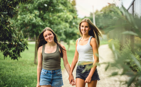 Girlfriends having fun outdoors togerher wearing urban clothesの写真素材