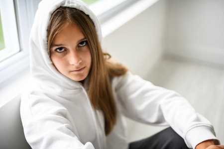 Teen girl on white studio wearing hoodies