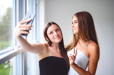 friends watching smartphone, the girlfriends having funの写真素材