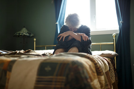 tired senior woman on her bedの写真素材