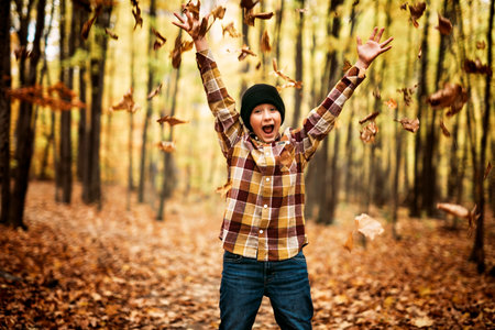 Child boy having fun on Autumn Forestの写真素材