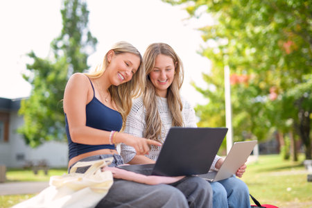 two teen girl or college student having fun togetherの写真素材