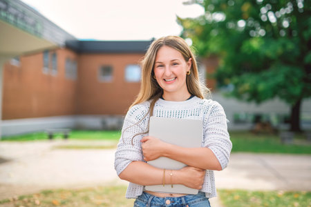 Young girl high school or college student She is on her way to class near university buildingの写真素材