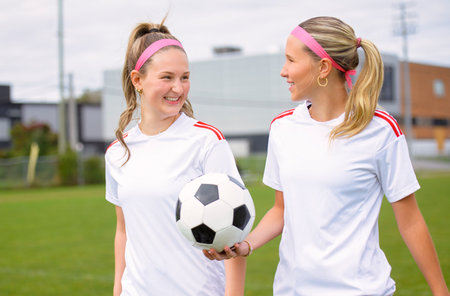 two soccer player friends with a football in a sport uniform wearing in whiteの写真素材