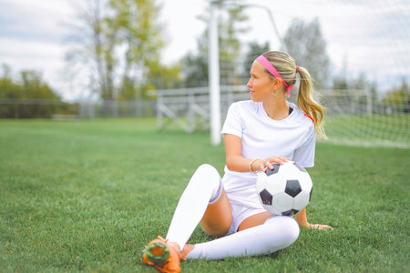 motivation soccer player with a football in a sport uniform wearing in whiteの写真素材