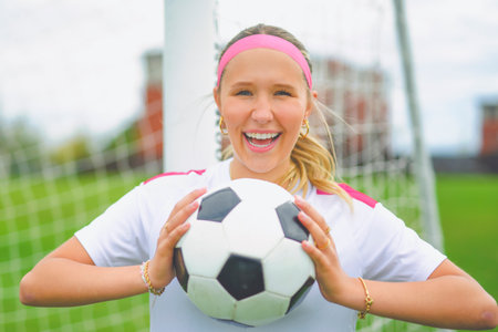 motivation soccer player with a football in a sport uniform wearing in whiteの写真素材
