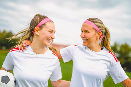 two soccer player friends with a football in a sport uniform wearing in white