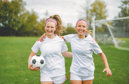 two soccer player friends with a football in a sport uniform wearing in whiteの写真素材