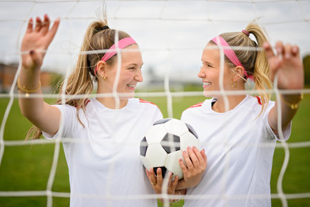 two soccer player friends with a football in a sport uniform wearing in whiteの写真素材