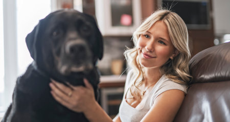 teen Girl sitting on a couch at home with labrador dogの写真素材