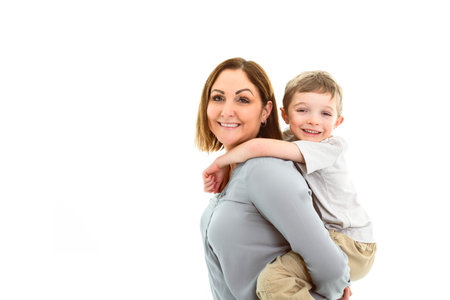 Mother and child son over white backgroundの写真素材