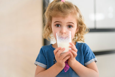 Cute little girl in the kitchen drinking milk in front of Fridgeの写真素材