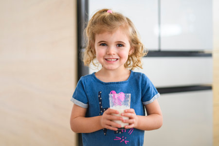 Cute little girl in the kitchen drinking milk in front of Fridgeの写真素材
