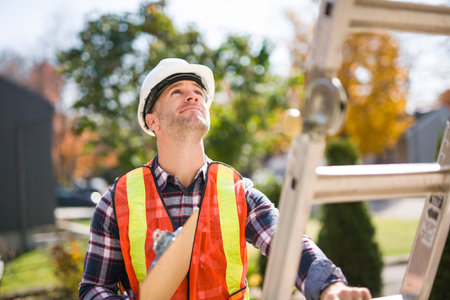 inspector or engineer with ladder checking the building structure and house roof specifications.の写真素材