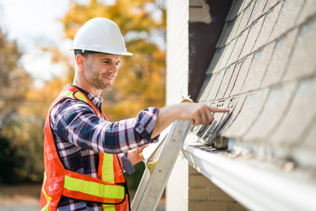 man with hard hat standing on steps inspecting house roof
